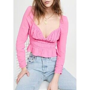 Free People Chloe Cropped Top Blouse Ruffle Puffed Sleeve Smocked Pink L 285487